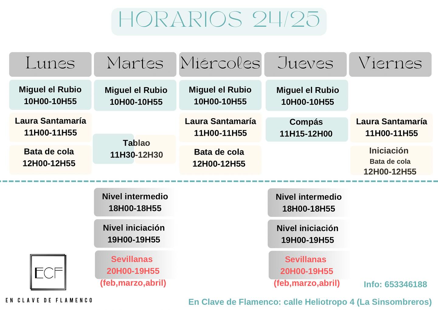 Horarios clases flamenco sevilla Laura Santamaría Miguel el Rubio